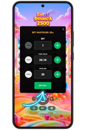 Sweet Bonanza 2500 bet amount selection spin button